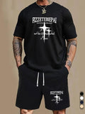 Men'WB shield Cross Print Short Sleeve Tee & Pocket Shorts Set, Loose Casual Round Neck T-shirt & Track Shorts, Summer...