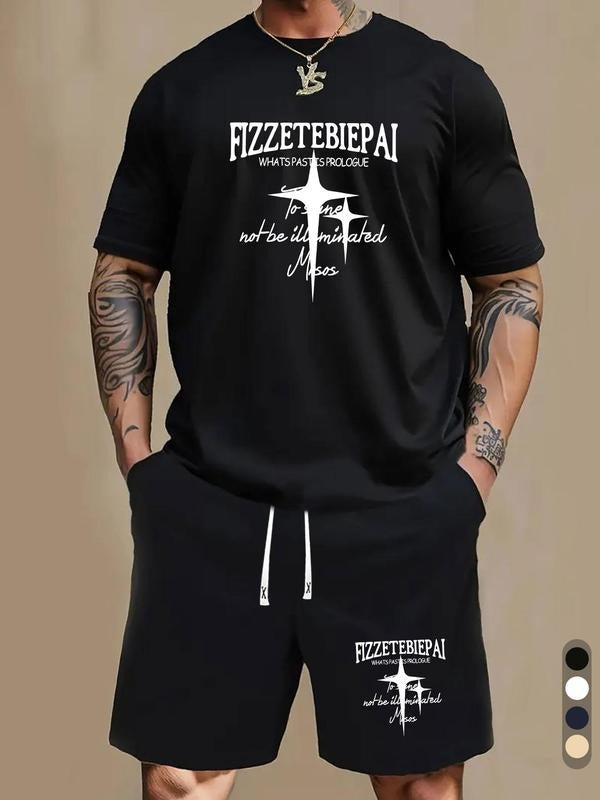 Men'WB shield Cross Print Short Sleeve Tee & Pocket Shorts Set, Loose Casual Round Neck T-shirt & Track Shorts, Summer...