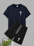 Men'WB shield Cross Print Short Sleeve Tee & Shorts Set, Loose Casual Round Neck T-shirt & Track Shorts, Men'WB shield...