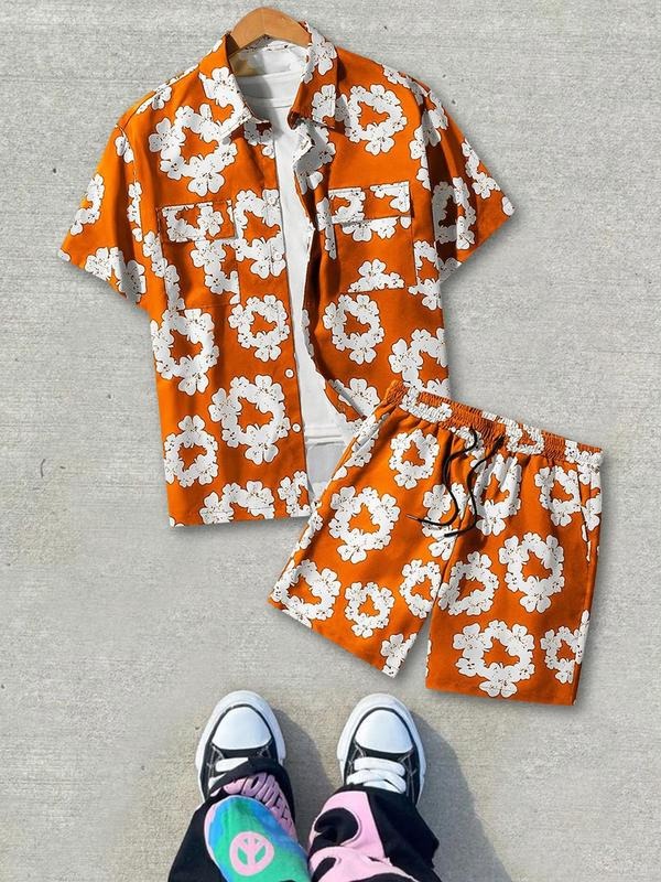 Men'WB shield Ditsy Floral Print Shirt & Shorts Set, Regular Fit Casual Short Sleeve Collared Top & Shorts, Men'WB shield...