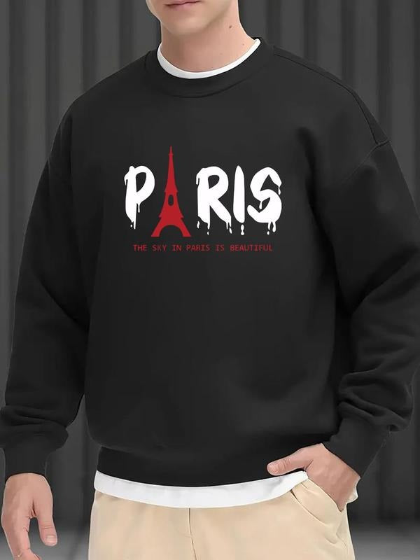 Men'WB shield Eiffel Tower & Letter Print Drop Shoulder Sweatshirt, Regular Fit Casual FOG Comfy Long Sleeve Round Neck...