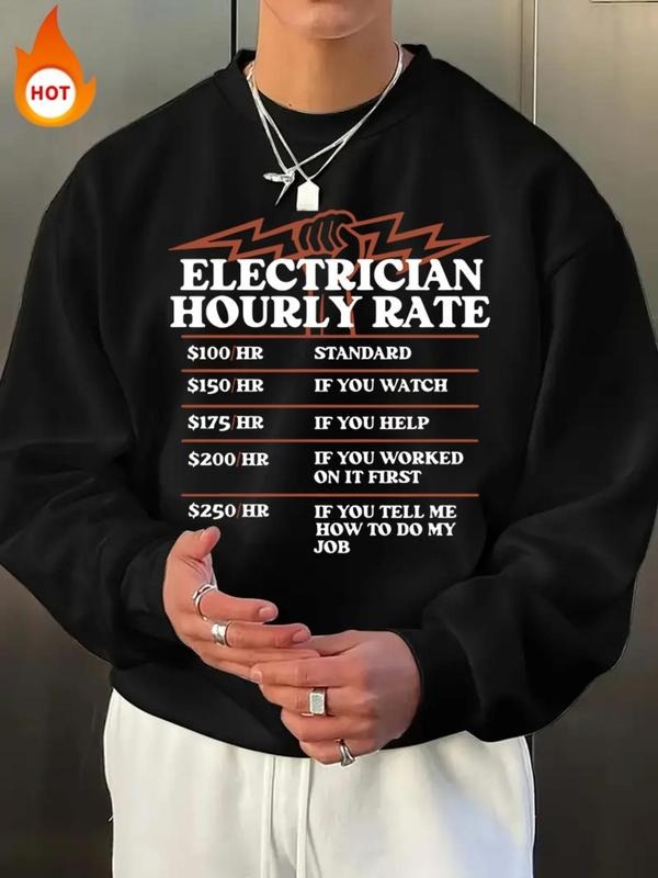 Men'WB shield Electrician Hourly Rate Letter Print Sweatshirt, Casual Warm Long Sleeve Crew Neck Pullover for Fall &...
