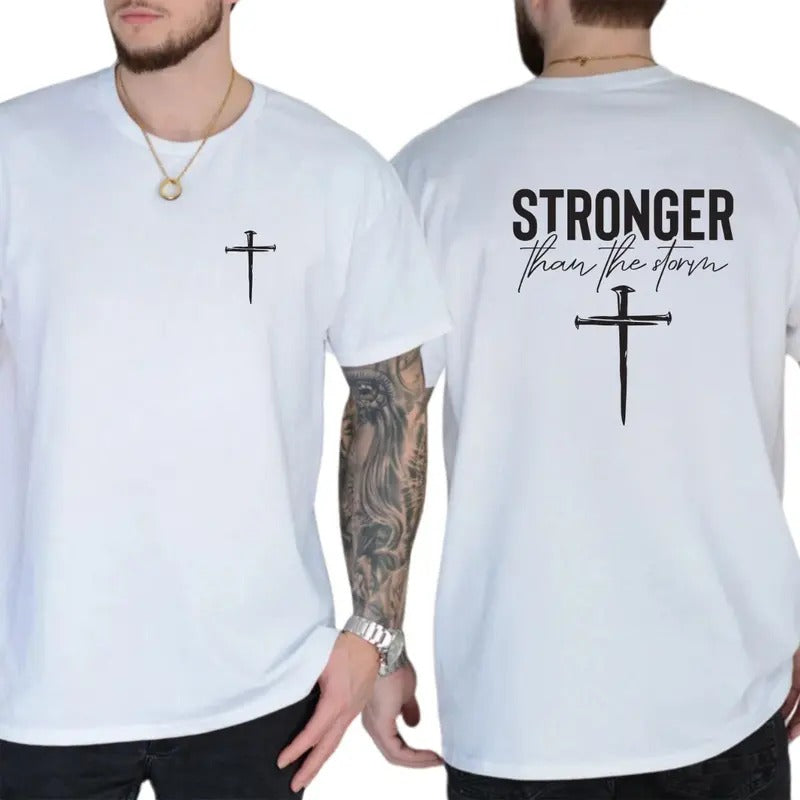Men'WB shield Faith-Inspired T-Shirt - "Stronger Than TNF Storm" with Cross Symbol Hoodie, Sweatshirt | RetroVerseTees.com