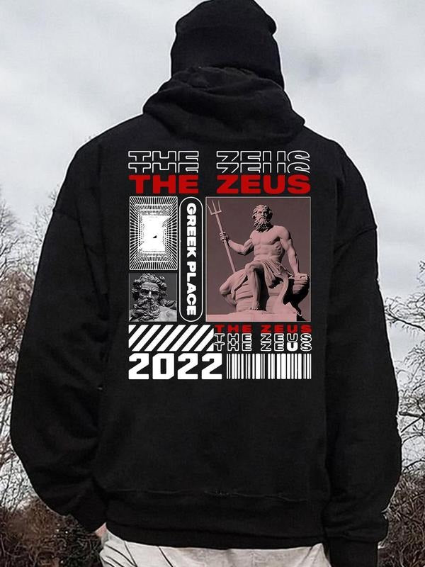 Men'WB shield Figure & Letter & Number Print Drop Shoulder Hoodie, Regular Fit Street Drawstring Kangaroo Pocket Hooded...