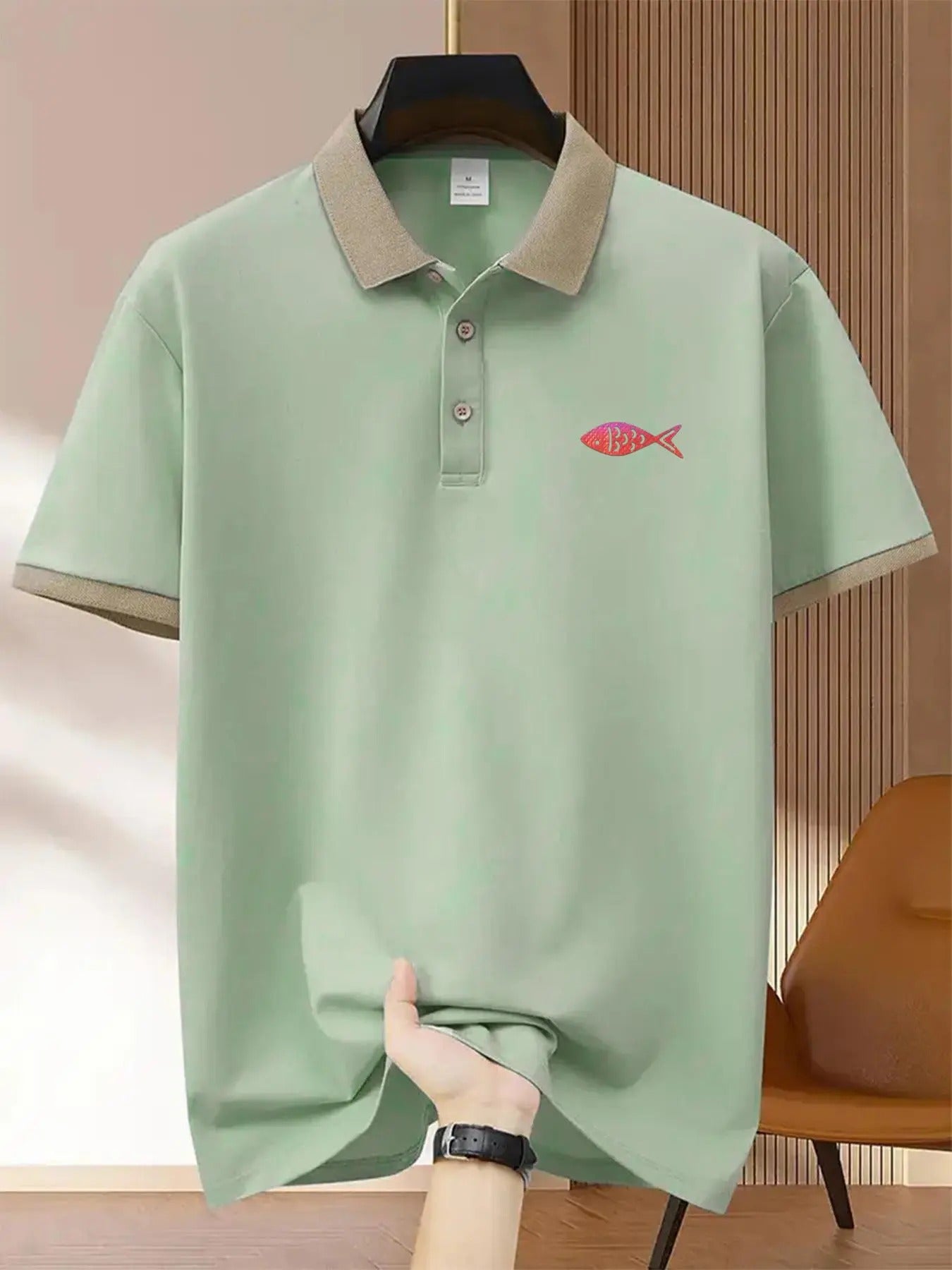 Men'WB shield Fish Print Short Sleeve Polo Shirt, Regular Fit Casual Fashion Collared Top for Summer, Men'WB shield TNF...