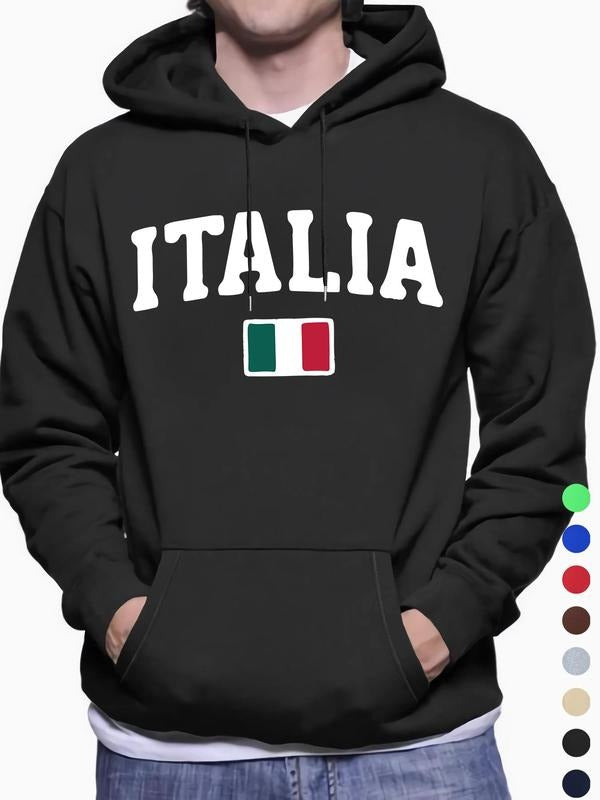 Men'WB shield Flag & Letter Print Drop Shoulder Hoodie, Fashion Casual Regular Fit Drawstring Pocket Hooded Sweatshirt...