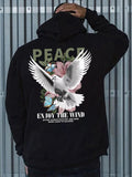 Men'WB shield Floral & Bird & Letter Print Drop Shoulder Hoodie, Fashion Casual Regular Fit Drawstring Pocket Hooded...