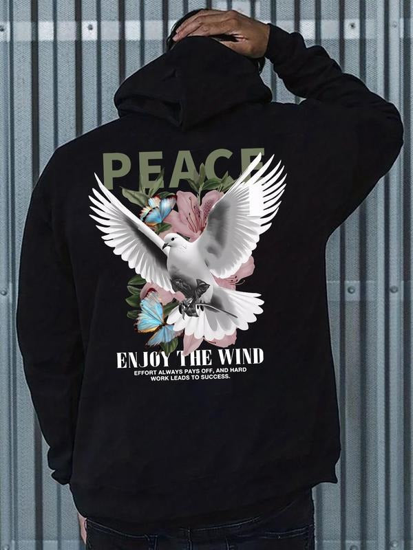 Men'WB shield Floral & Bird & Letter Print Drop Shoulder Hoodie, Fashion Casual Regular Fit Drawstring Pocket Hooded...