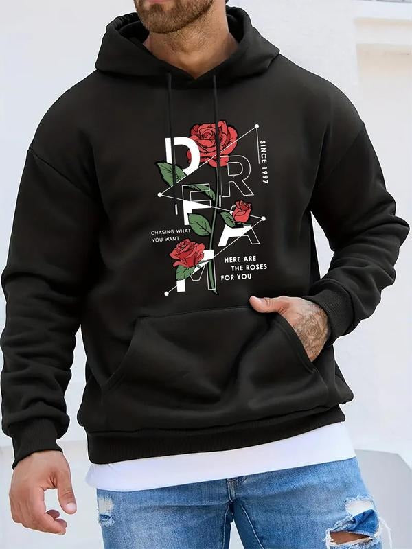Men'WB shield Floral & Letter Print Drop Shoulder Hoodie, Fashion Casual Regular Fit Drawstring Pocket Hooded Sweatshirt...