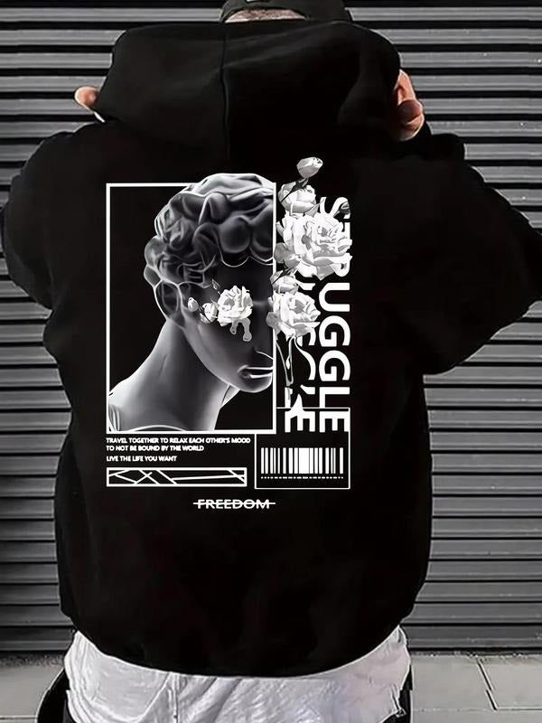 Men'WB shield Floral & Letter Print Drop Shoulder Hoodie, Regular Fit Casual Statue Graphic Drawstring Pocket Hooded...