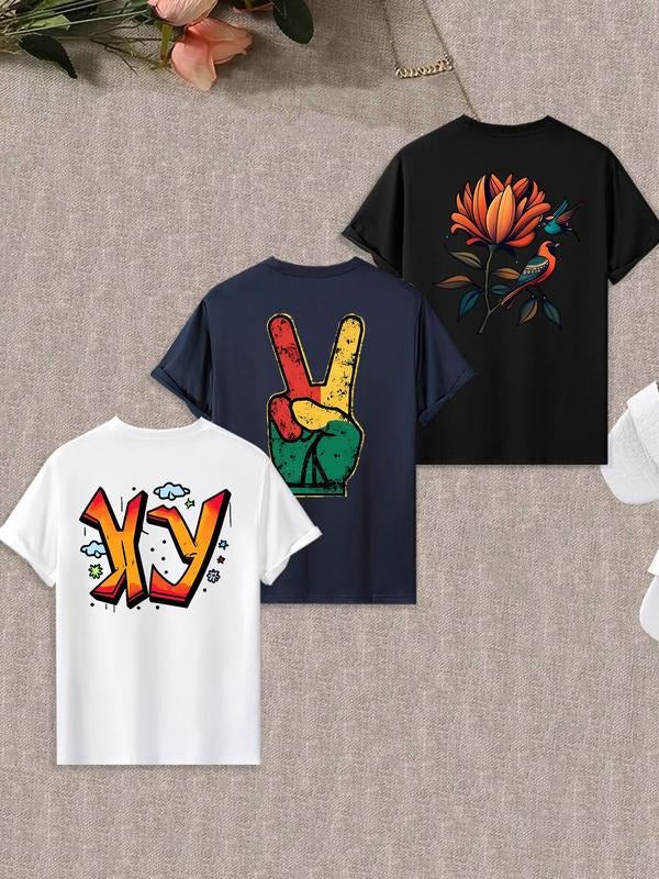 Men'WB shield Floral & Letter Print Graphic Round Neck Tee, Loose Casual Short Sleeve T-shirt for Summer, Men'WB shield...