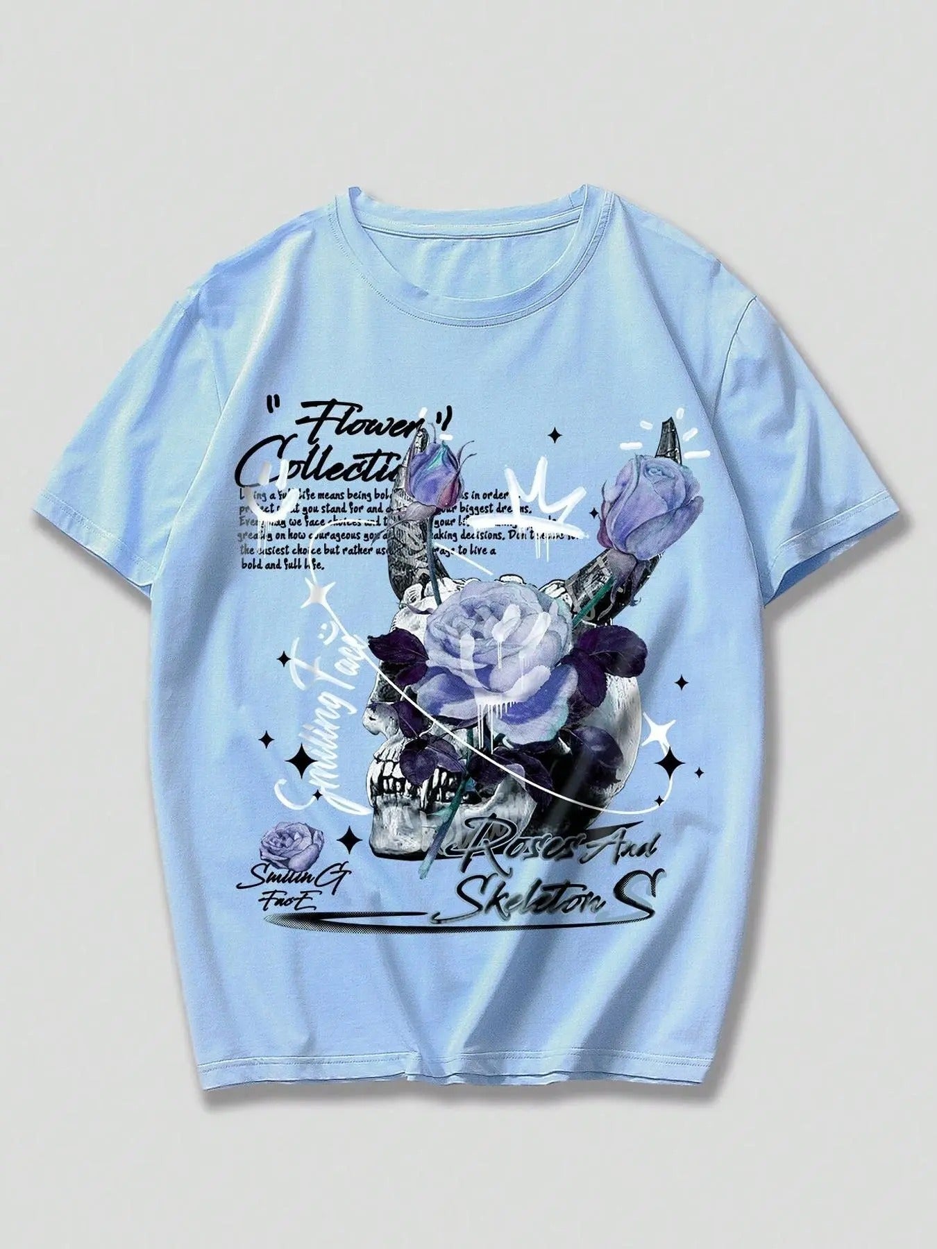 Men'WB shield Floral & Skeleton Print Round Neck Tee, Regular Fit Casual Short Sleeve Crew Neck T-Shirt for Summer,...