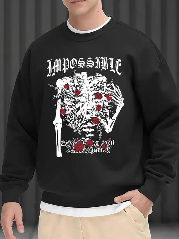 Men'WB shield Floral Skeleton & Letter Print Drop Shoulder Sweatshirt, Loose Casual Long Sleeve Round Neck Pullover for...