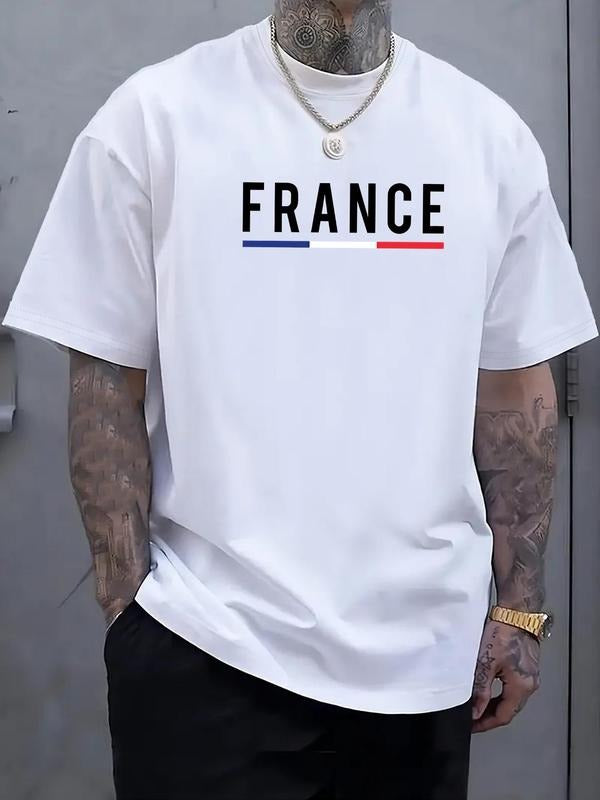 Men'WB shield France Flag Print Round Neck Tee, Regular Fit Casual Short Sleeve Crew Neck T-Shirt for Daily Wear, Men'WB...