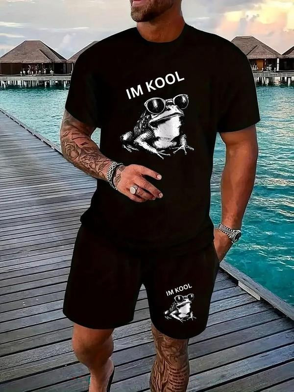 Men'WB shield Frog Print Short Sleeve Tee & Shorts Straw hat pirates Set, Casual Round Neck T-shirt & Shorts, Men'WB...