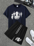 Men'WB shield Ghost Print Short Sleeve Tee & Shorts Set, Loose Casual Round Neck T-shirt & Shorts, Men'WB shield Summer...