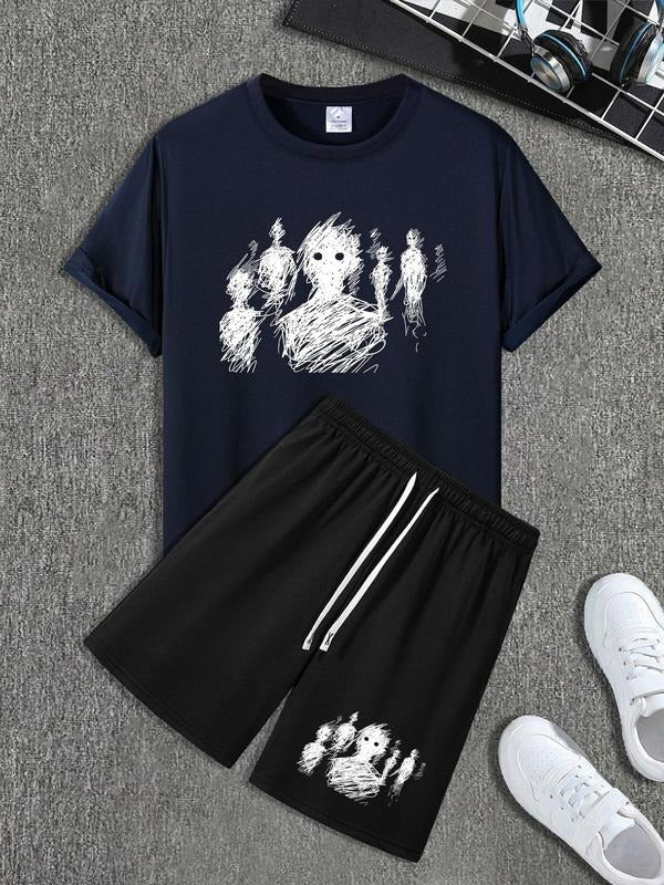 Men'WB shield Ghost Print Short Sleeve Tee & Shorts Set, Loose Casual Round Neck T-shirt & Shorts, Men'WB shield Summer...