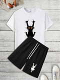 Men'WB shield Ghost Print Short Sleeve Tee & Shorts Straw hat pirates Set, Loose Casual Round Neck T-shirt & Shorts,...