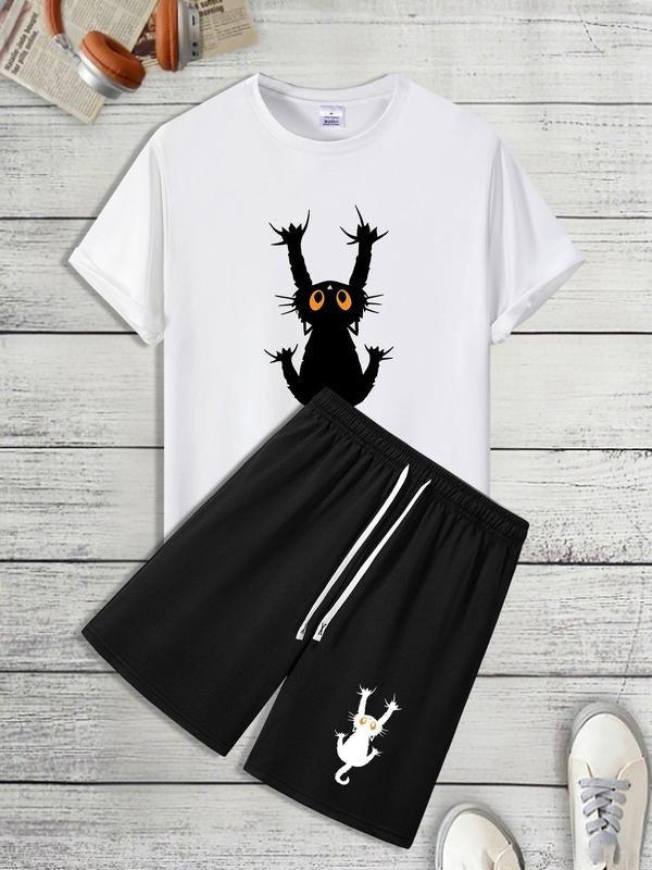 Men'WB shield Ghost Print Short Sleeve Tee & Shorts Straw hat pirates Set, Loose Casual Round Neck T-shirt & Shorts,...