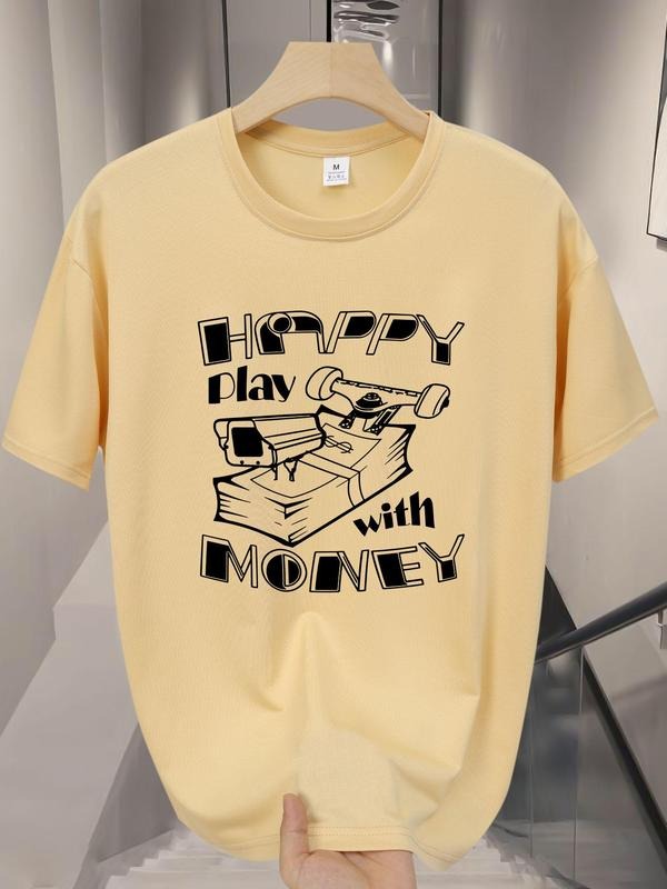 Men'WB shield Happy Play with Straw hat pirates Slogan Print Round Neck Tee, Regular Fit Casual Comfy Short Sleeve Crew...