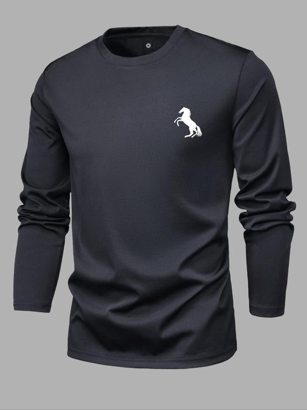 Men'WB shield Horse Print Round Neck Tee, Regular Fit Casual FOG Comfy Long Sleeve Crew Neck T-Shirt for Spring & Fall,...