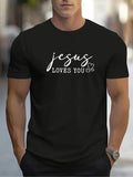 Men'WB shield Jesus Loves You Print Round Neck Tee, Regular Fit Casual Short Sleeve Crew Neck T-Shirt for Daily Wear,...