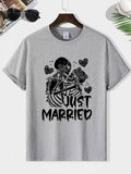 Men'WB shield Just Married Letter Print Round Neck Graphic Tee, Loose Casual Fashion Short Sleeve T-shirt for Summer,...