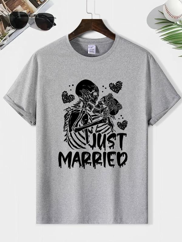 Men'WB shield Just Married Letter Print Round Neck Graphic Tee, Loose Casual Fashion Short Sleeve T-shirt for Summer,...