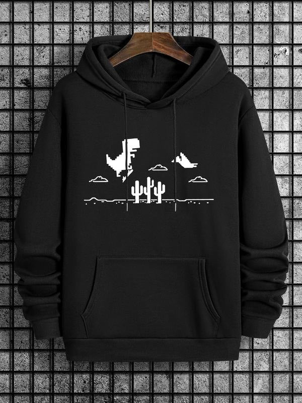 Men'WB shield Landscape & Dinosaur Print Drop Shoulder Hoodie, Regular Fit Casual Comfy Drawstring Pocket Hooded...