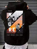 Men'WB shield Landscape Print Drop Shoulder Hoodie, Fashion Casual Regular Fit Letter Print Drawstring Pocket Hooded...