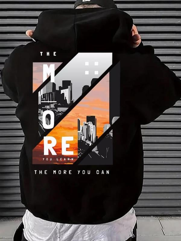 Men'WB shield Landscape Print Drop Shoulder Hoodie, Fashion Casual Regular Fit Letter Print Drawstring Pocket Hooded...
