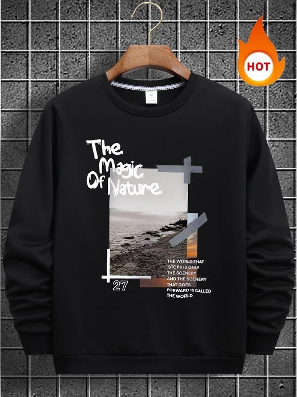 Men'WB shield Landscape Print Round Neck TNF Lined Sweatshirt, Regular Fit Casual Long Sleeve Crew Neck Pullover for Fall...
