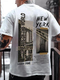 Men'WB shield Landscape Print Round Neck Tee, Street Fashion Casual Regular Fit Letter Print Crew Neck Short Sleeve...