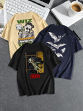 Men'WB shield Letter & Bat Print Graphic Tee, Regular Fit Casual Short Sleeve Round Neck T-shirt for Summer, Men'WB...