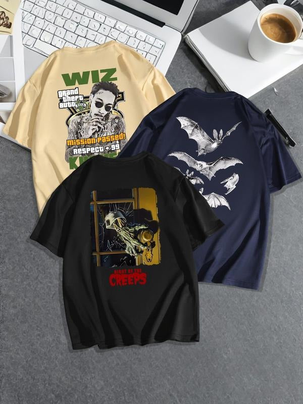 Men'WB shield Letter & Bat Print Graphic Tee, Regular Fit Casual Short Sleeve Round Neck T-shirt for Summer, Men'WB...