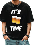 Men'WB shield Letter & Beer Print Round Neck Tee, Casual Short Sleeve T-shirt for Summer, Comfy Men'WB shield Top for...