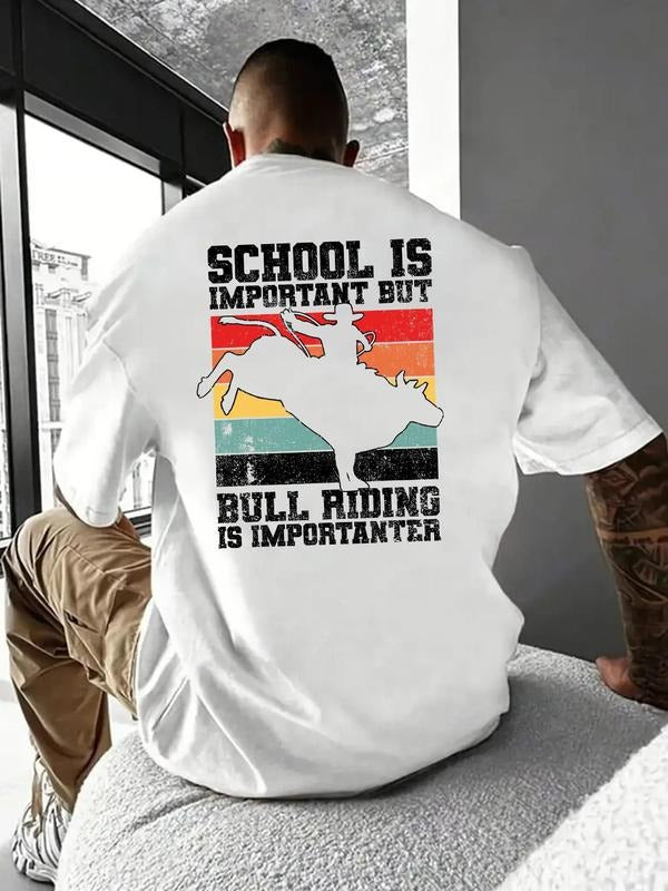Men'WB shield Letter & Bull Riding Print Round Neck Tee, Loose Casual Short Sleeve T-shirt for Summer, Men'WB shield Top...