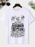 Men'WB shield Letter & Car Print Round Neck Tee, Loose Casual Short Sleeve Crew Neck T-Shirt for Summer, Fashion Men'WB...