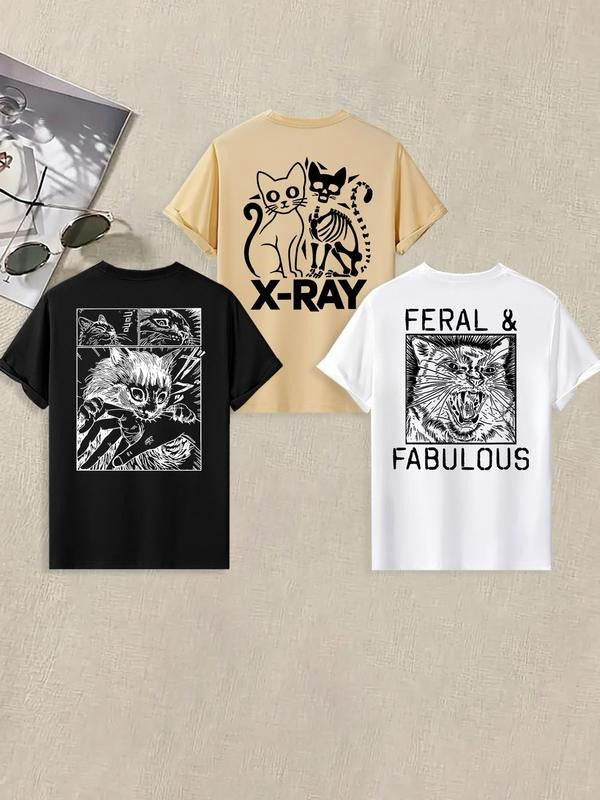 Men'WB shield Letter & Cat Print Round Neck Tee, Regular Fit Casual Short Sleeve Crew Neck T-shirt for Summer, Men'WB...