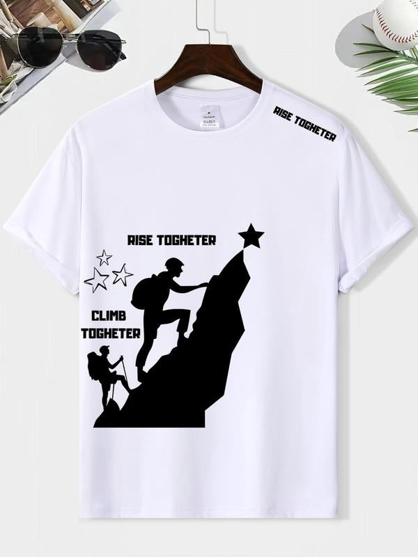 Men'WB shield Letter & Climbing Print Round Neck Tee, Loose Casual Short Sleeve T-shirt for Summer, Men'WB shield Top for...