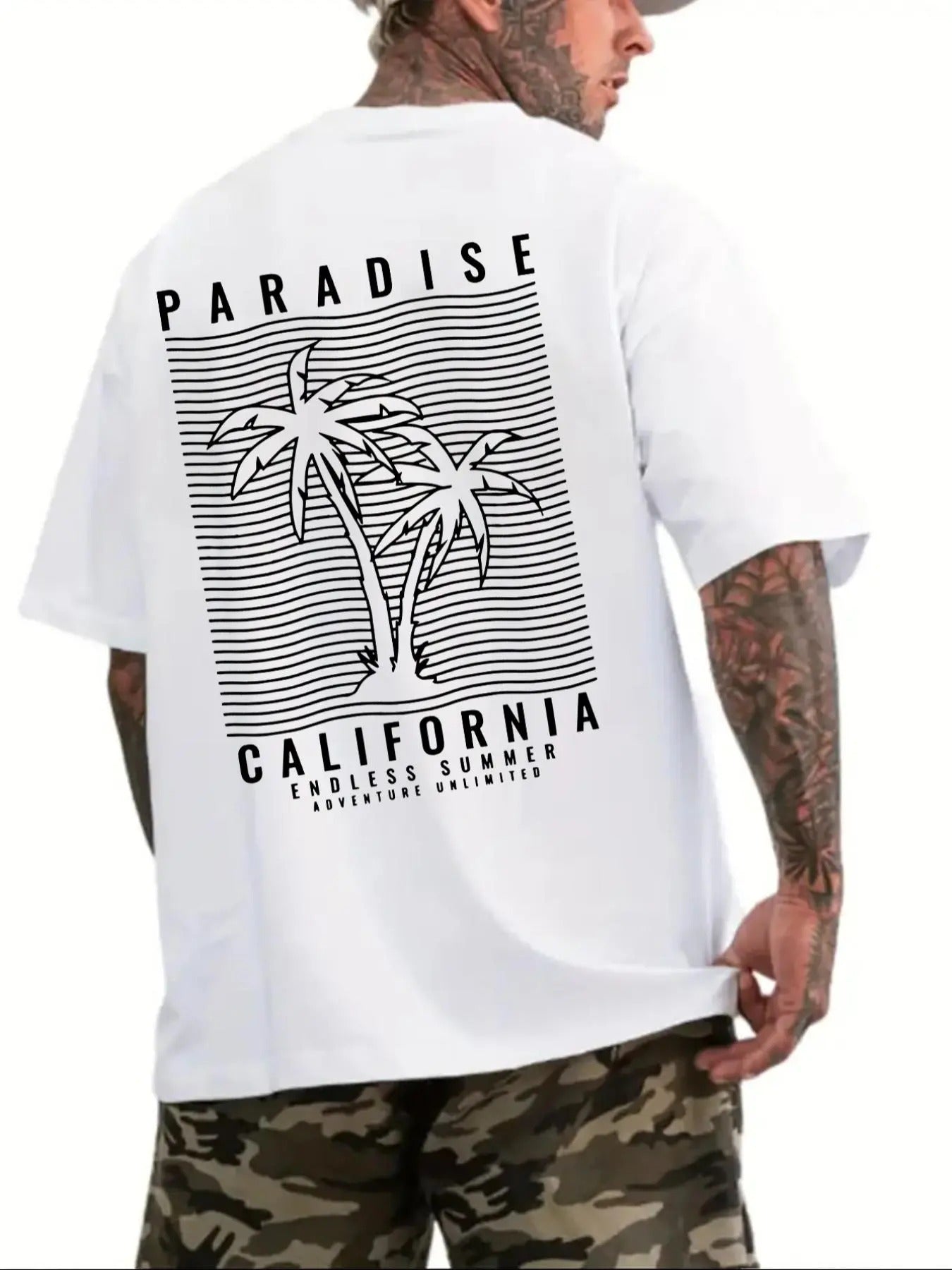 Men'WB shield Letter & Coconut Tree Print Round Neck Tee, Casual Short Sleeve Crew Neck T-shirt for Summer, Men'WB shield...