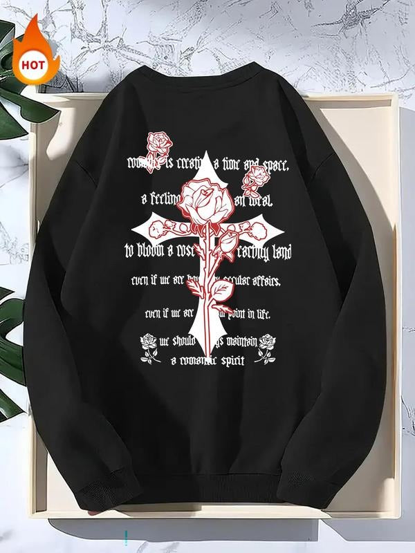 Men'WB shield Letter & Cross Print Round Neck Sweatshirt, Loose Casual Long Sleeve Crew Neck Pullover for Fall & Winter,...
