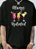 Men'WB shield Letter & Drink Print Round Neck Tee, Loose Casual Fashion Short Sleeve T-shirt for Summer, Men'WB shield...