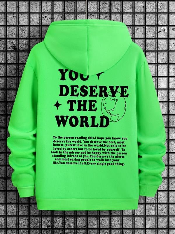 Men'WB shield Letter & Earth Print Drop Shoulder Hoodie, Fashion Casual Regular Fit Drawstring Pocket Hooded Sweatshirt...
