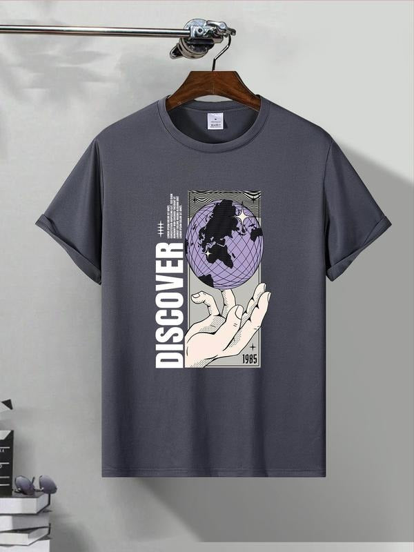Men'WB shield Letter & Earth Print Round Neck Graphic Tee, Regular Fit Casual Short Sleeve T-shirt for Summer, Men'WB...
