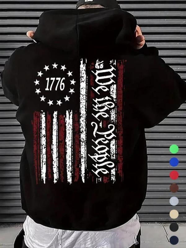 Men'WB shield Letter & Flag Print Drawstring Hoodie, Casual Regular Fit Long Sleeve Pocket Hooded Sweatshirt for Spring &...