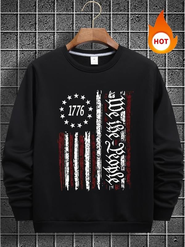 Men'WB shield Letter & Flag Print Round Neck Sweatshirt, Regular Fit Casual Long Sleeve Crew Neck Pullover for Fall &...