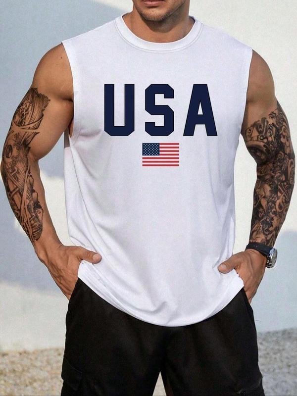 Men'WB shield Letter & Flag Print Round Neck Tank Top, Regular Fit Casual Sleeveless Crew Neck Top for Summer, Fashion...