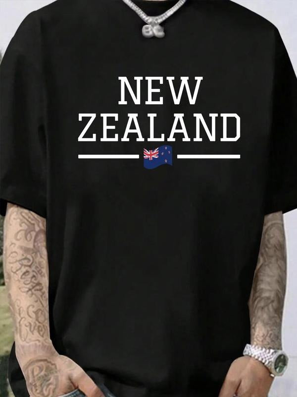 Men'WB shield Letter & Flag Print Round Neck Tee, Regular Fit Casual Short Sleeve T-Shirt, Men'WB shield Summer Top for...