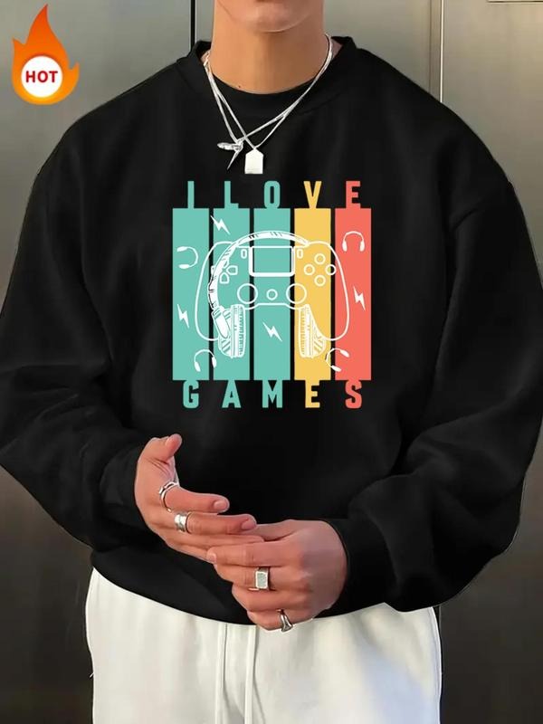 Men'WB shield Letter & Game Console Print Drop Shoulder Polar Fleece Sweatshirt, Casual Long Sleeve Round Neck Pullover...